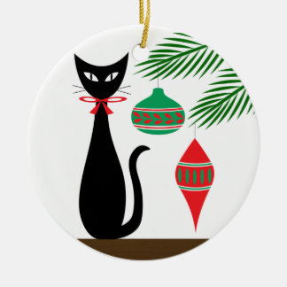 Ornamento De Cerâmica Mid Century Holiday Cat with Ornaments