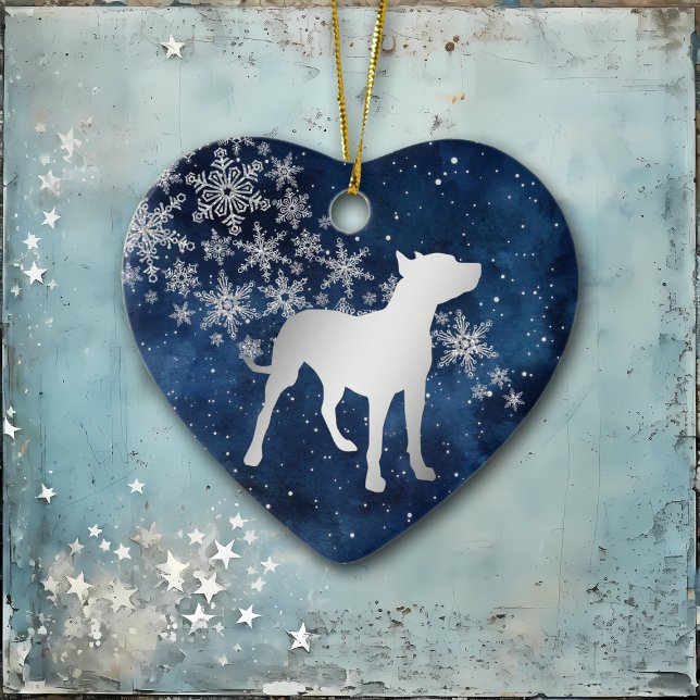 Ornamento De Cerâmica Midnight Blue Silver Snowflake Pitbull Dog (Criador carregado)