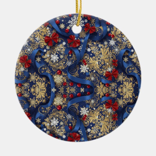 Ornamento De Cerâmica Midnight Majesty — Blue & Gold Christmas Ornament (Frente)