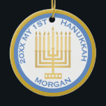 Ornamento De Cerâmica Minha Foto Azul de Hanukkah, 1rua, Personalizada<br><div class="desc">Personalize este adorável ornamento de HANUKKAH, de 11 RUAS, azul e ouro, por uma espécie de guarnição. Carregue a foto do seu bebê de um lado e adicione o nome do bebê e o ano do outro. As tradicionais cores azul e dourada do Hanukkah são destacadas por um simples tom...</div>