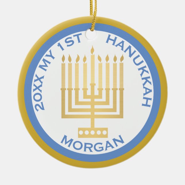 Ornamento De Cerâmica Minha Foto Azul de Hanukkah, 1rua, Personalizada (Frente)