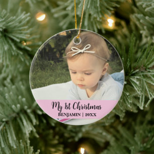 Ornamento De Cerâmica Minha foto de bebê no 1º natal