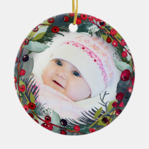 Ornamento De Cerâmica Minha Foto De Natal De 1rua Holly Wreath