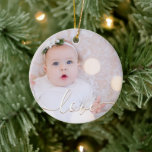 Ornamento De Cerâmica Minha Foto do Bebê Personalizada<br><div class="desc">Foto do seu bebê num ornamento cerâmico! Carregue sua própria imagem para criar ornamentos da árvore de Natal para você mesmo ou dê como presente para a família, amigos, pais e avós! A palavra amor em um script de checagem aparece sobre sua foto na frente e adiciona o nome e...</div>