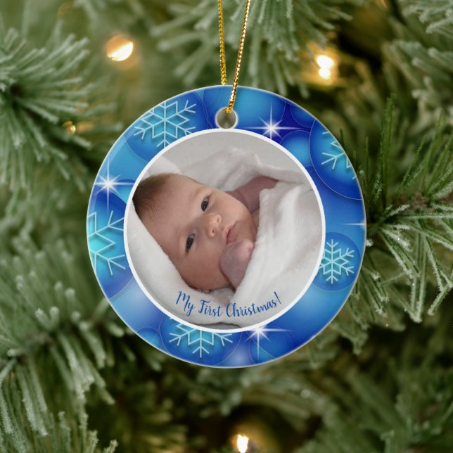 Ornamento De Cerâmica Minha primeira foto de bebê de Natal azul (Árvore)