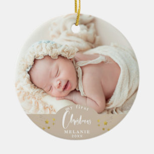 Ornamento De Cerâmica Minha Primeira Foto de Lembrança de Natal do Bebê