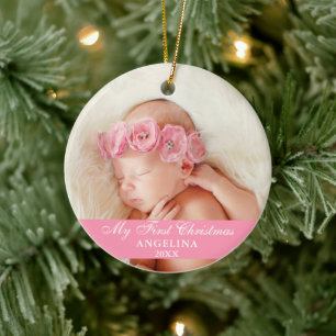 Ornamento De Cerâmica Minha Primeira Foto De Natal, Bebê, Rosa
