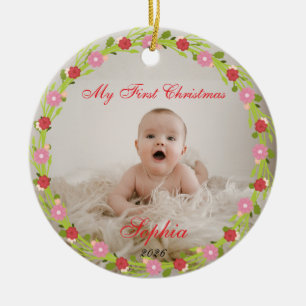 Ornamento De Cerâmica Minha Primeira Foto de Natal do Bebê Floral Rosa