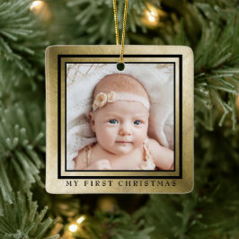 Ornamento De Cerâmica Minha Primeira Foto Dourada de Natal