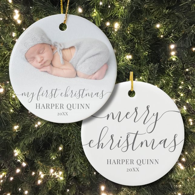 Ornamento De Cerâmica Minha primeira foto personalizada de bebê de Natal (Photo Simple Baby's First Christmas Ceramic Ornament )