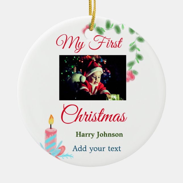 Ornamento De Cerâmica Minha primeira vela de Natal adiciona o nome da fo (Frente)