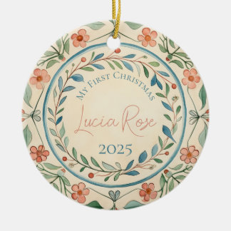 Ornamento De Cerâmica Minha Primeira Vintagem De Natal Pintou Aquarela #