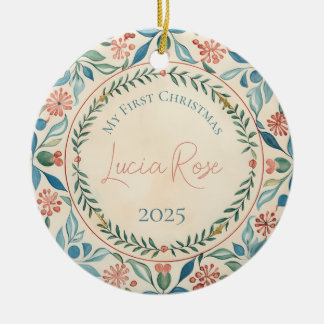 Ornamento De Cerâmica Minha Primeira Vintagem De Natal Pintou Aquarela #