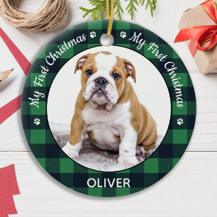 Ornamento De Cerâmica Minha Primeira Xadrez Verde de Natal Cachorro Pupp