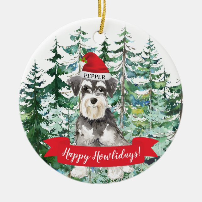 Ornamento De Cerâmica Miniatura Schnauzer Feliz Howlidays Cachorro (Frente)