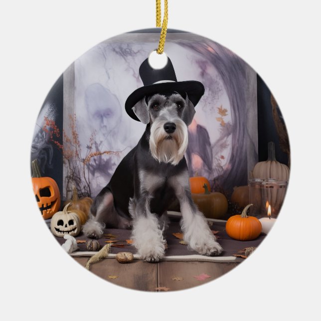 Ornamento De Cerâmica Miniatura Schnauzer Pumpkins Halloween Assustado (Frente)