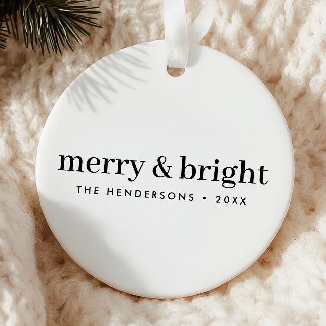 Ornamento De Cerâmica Minimal Christmas | Merry and Bright Simple White (Criador carregado)