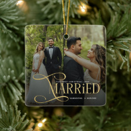 Ornamento De Cerâmica Minimal First Christmas Married Couples 2 Photos