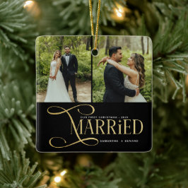 Ornamento De Cerâmica Minimal First Christmas Married Couples 2 Photos