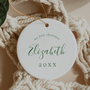 Ornamento De Cerâmica Minimal Green Baby's First Christmas Newborn Photo