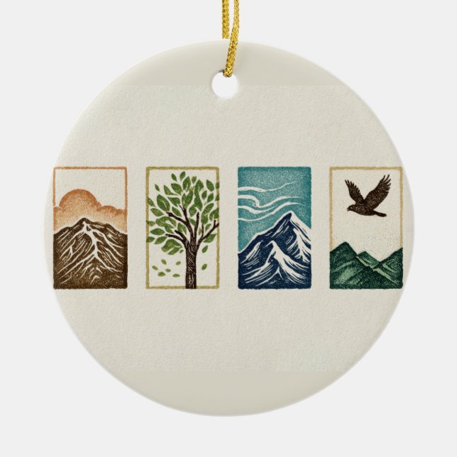 Ornamento De Cerâmica Minimal Nature Set – Mountain & Tree Art (Frente)
