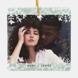 Ornamento De Cerâmica Minimal Snowflakes Frame | Merry and Married Photo