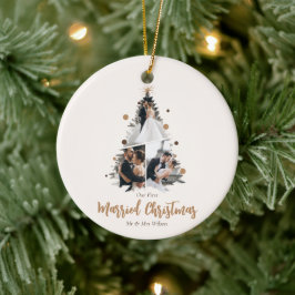 Ornamento De Cerâmica Minimalista Nosso Primeiro Natal Casados Três Foto