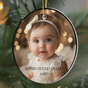 Ornamento De Cerâmica Mínimo 2 Fotografias Cute Newborn Name Modern Xmas