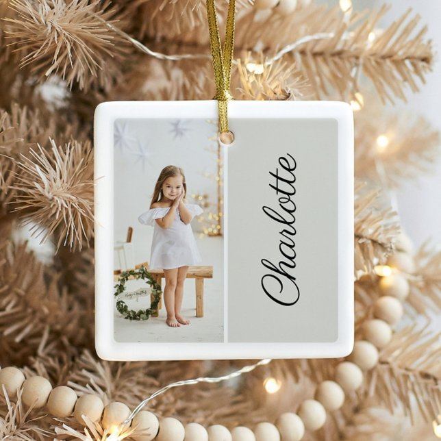 Ornamento De Cerâmica Mínimo de duas Cinzas leves personalizadas de nome (Minimal Modern Simple Script Kids Photo Keepsake Ceramic Ornament)
