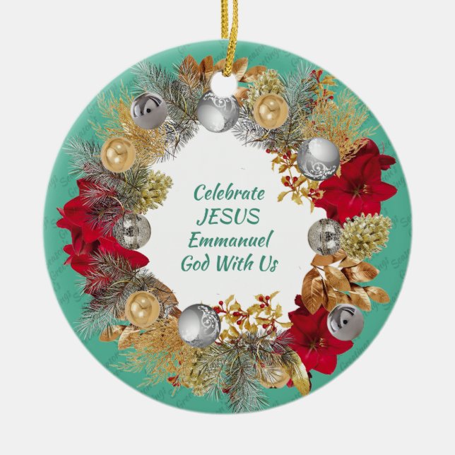 Ornamento De Cerâmica Mint Green CELEBRATE JESUS Christmas Wreath Custom (Frente)