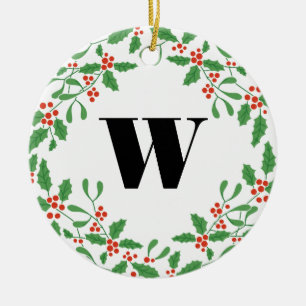 Ornamento De Cerâmica Mistletoe Berry Wreath Monograma