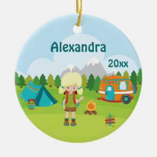 Ornamento De Cerâmica Moça de acampamento de fogo Tent Backpack Loira