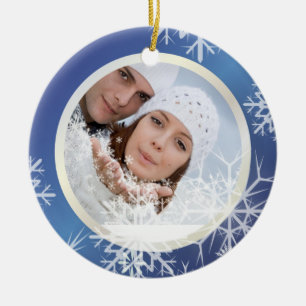 Ornamento De Cerâmica Modelo de Foto PixDezines Snowflakes Branco + Azul