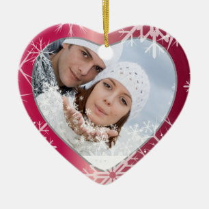 Ornamento De Cerâmica Modelo de Foto PixDezines Snowflakes Branco + Verm