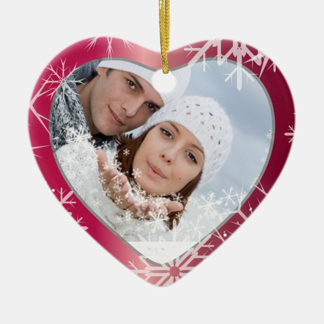 Ornamento De Cerâmica Modelo de Foto PixDezines Snowflakes Branco + Verm (Frente)