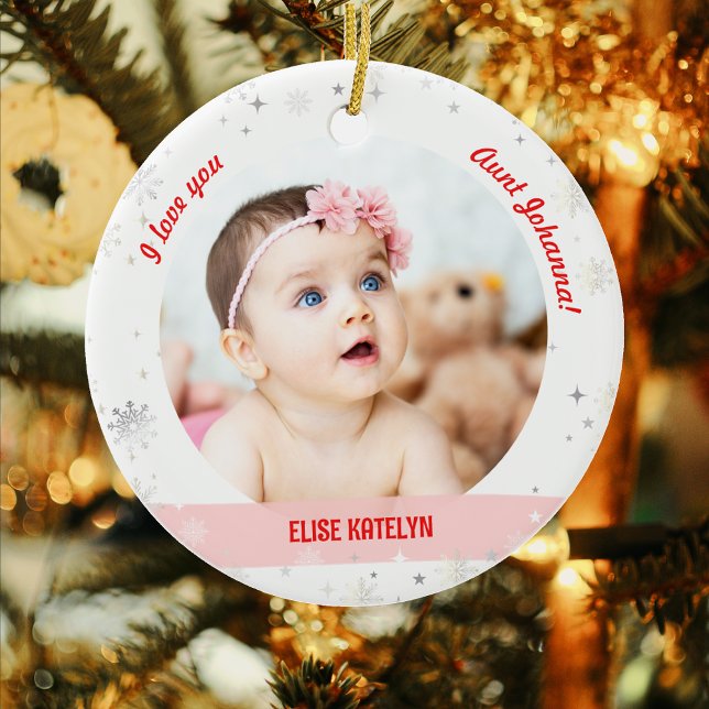 Ornamento De Cerâmica Modern 2 Fotos Bebê Garota Primeira Tia de Natal (Modern Cute We love you, Aunt! First Christmas Newborn Baby Girl. 2 Personalized Photos. Snowflakes)