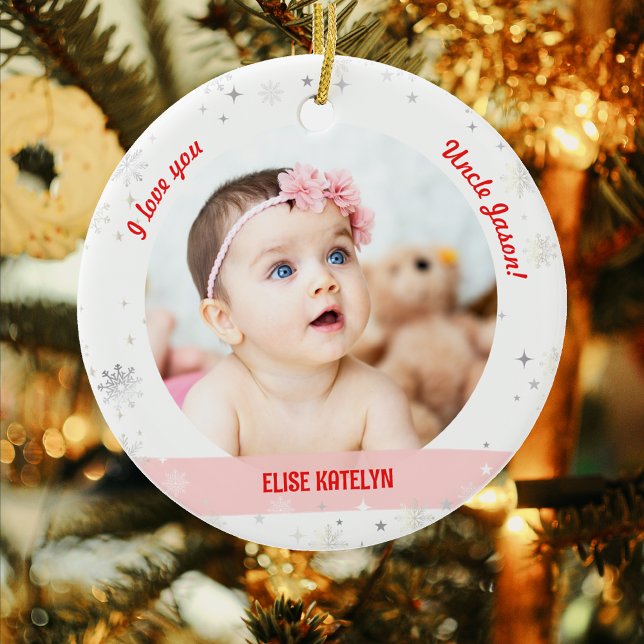 Ornamento De Cerâmica Modern 2 Fotos Bebê Garota Primeiro Tio de Natal (Modern, Cute I love you, Uncle! First Christmas Newborn Baby Girl. 2 Personalized Photos. Snowflakes)