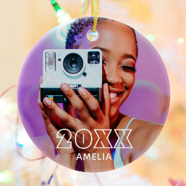 Ornamento De Cerâmica Modern 2 Photo Name Retro Christmas Holiday