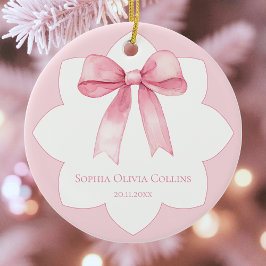 Ornamento De Cerâmica Modern Baby Girl Personalized Pink Watercolor Bow