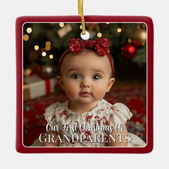 Ornamento De Cerâmica Modern Baby Photo First Christmas as Grandparents (Frente)