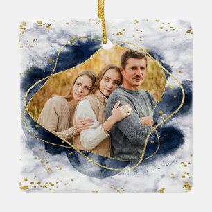 Ornamento De Cerâmica Modern Blue and Gold 2020 Photo Christmas