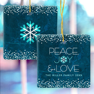 Ornamento De Cerâmica Modern Blue Snowflake Joy Paz Nome Personalizado d