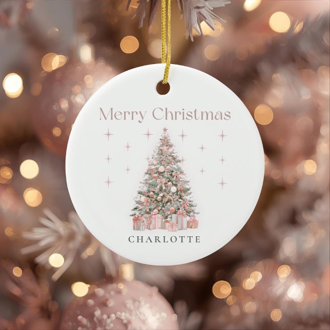 Ornamento De Cerâmica Modern Blush Christmas Tree – Personalized Holiday (Criador carregado)