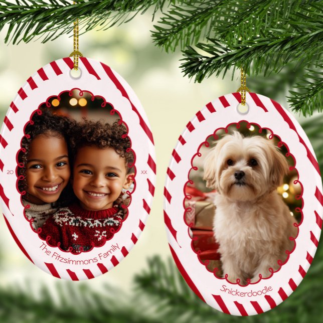 Ornamento De Cerâmica Modern Candy Cane Stripe Christmas 2 Photos (Retro Candy Cane Whimsical Striped Christmas 2 photo ornament )
