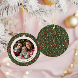 Ornamento De Cerâmica Modern Christmas Holly Foliage Family Photo