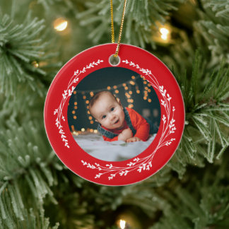 Ornamento De Cerâmica Modern Elegant Baby First Christmas Red