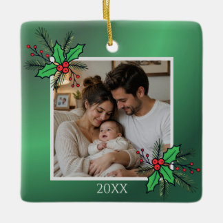 Ornamento De Cerâmica Modern Floral Christmas Photo Frame