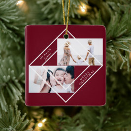 Ornamento De Cerâmica Modern Frame Burgundy Duas Fotografias Feliz Natal