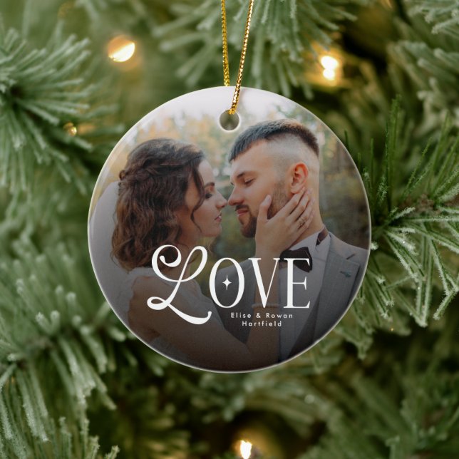 Ornamento De Cerâmica Modern Love Custom Wedding Photo Couples Monogram (Árvore)