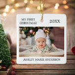 Ornamento De Cerâmica Modern My First Christmas Baby Photo<br><div class="desc">Elegante Moderno Meu Primeiro Ornamento de Natal - Foto do Bebê na frente e no verso</div>